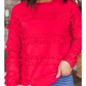 Pink Lily Hint the Idea Fringe Red Sweater